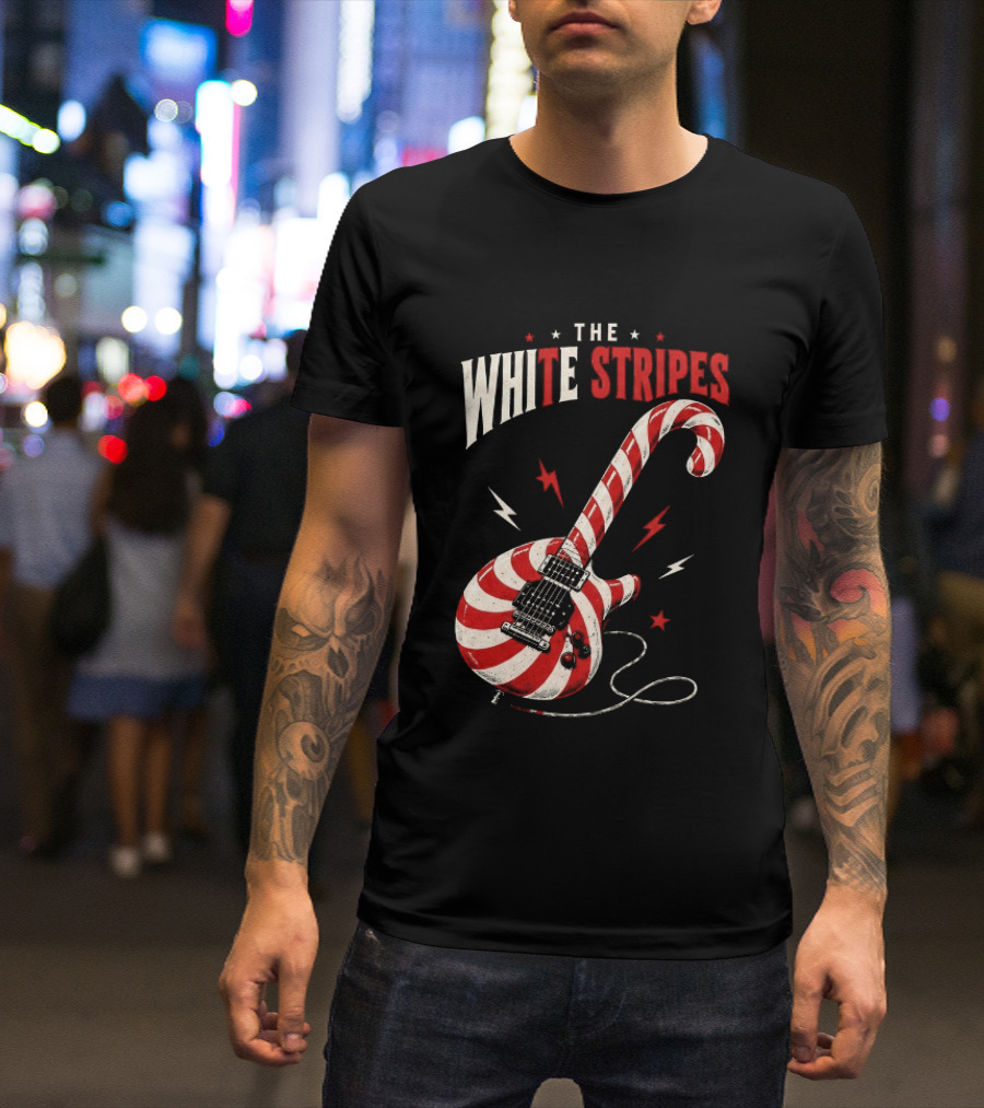 The White Stripes Candy Cane Christmas Guitar Rock Themes T-Shirt