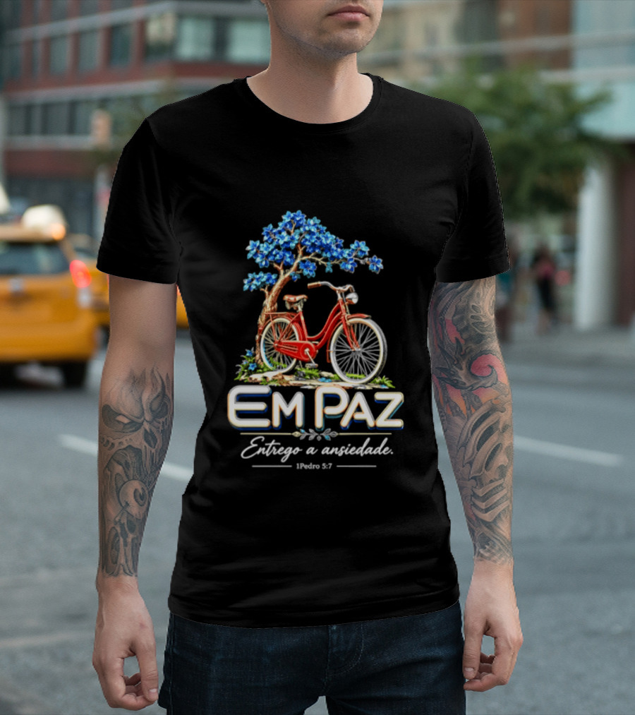 Em Paz Entrego A Ansiedade 1 Pedro 5 7 Bicicleta Árvore Flores Azuis T-Shirt