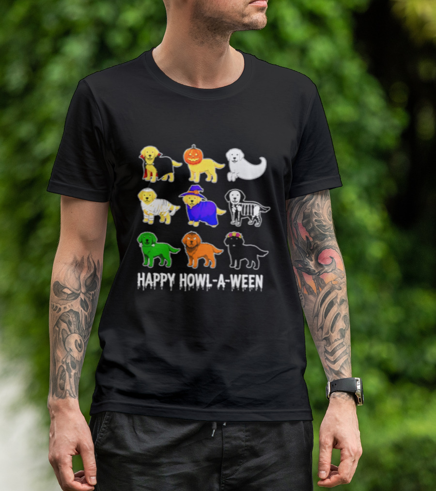 Happy Howl A Ween Dogs Halloween 2026 Pumpkin Witch Skeleton Costumes T-Shirt
