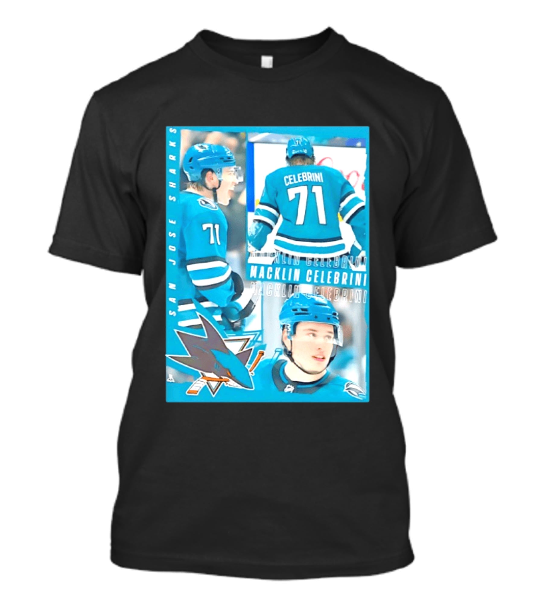 San Jose Sharks Macklin Celebrini 71 NHL 2026 All For One T-Shirt