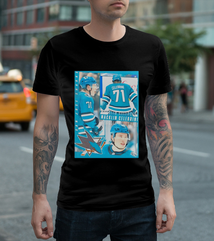 San Jose Sharks Macklin Celebrini 71 NHL 2026 All For One T-Shirt