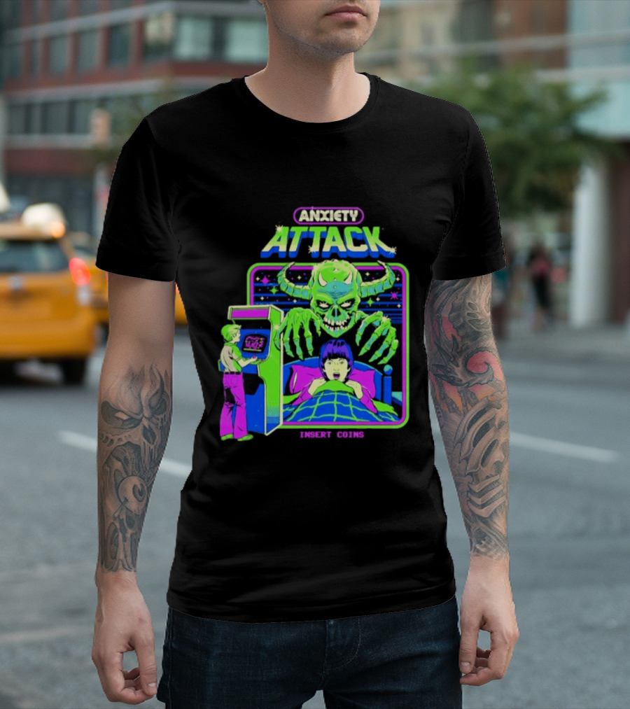 Retro Anxiety Attack Arcade Game Monster Steven Rhodes T-Shirt