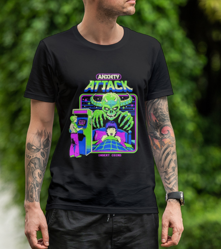 Retro Anxiety Attack Arcade Game Monster Steven Rhodes T-Shirt