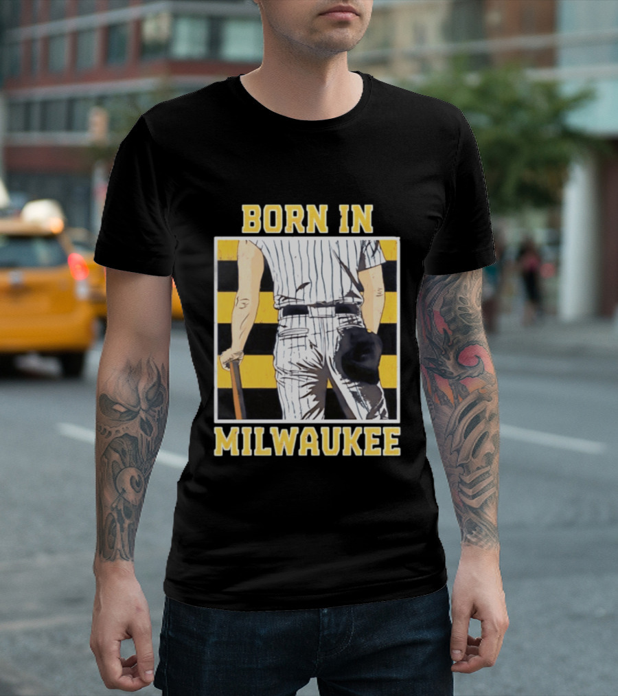 Born In Milwaukee Baseball Vintage Stripes Player Holding Cap T-Shirt