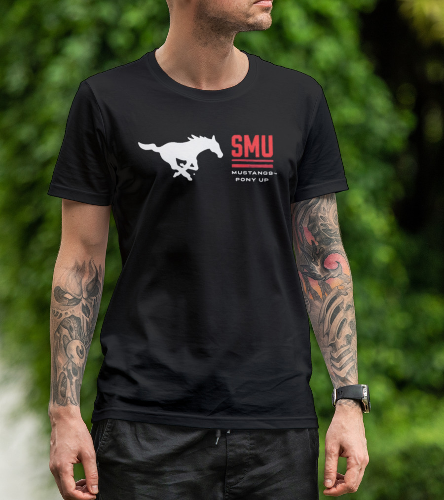 SMU Mustangs Pony Up Coach Rhett Lashlee Running Horse T-Shirt