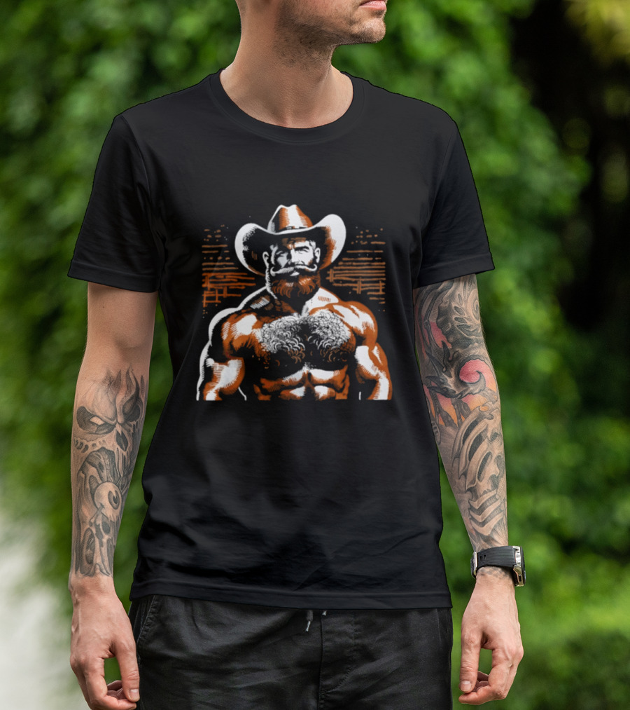 Hairy Cowboy Western Mustache Bearded Man Muscular Rancher T-Shirt