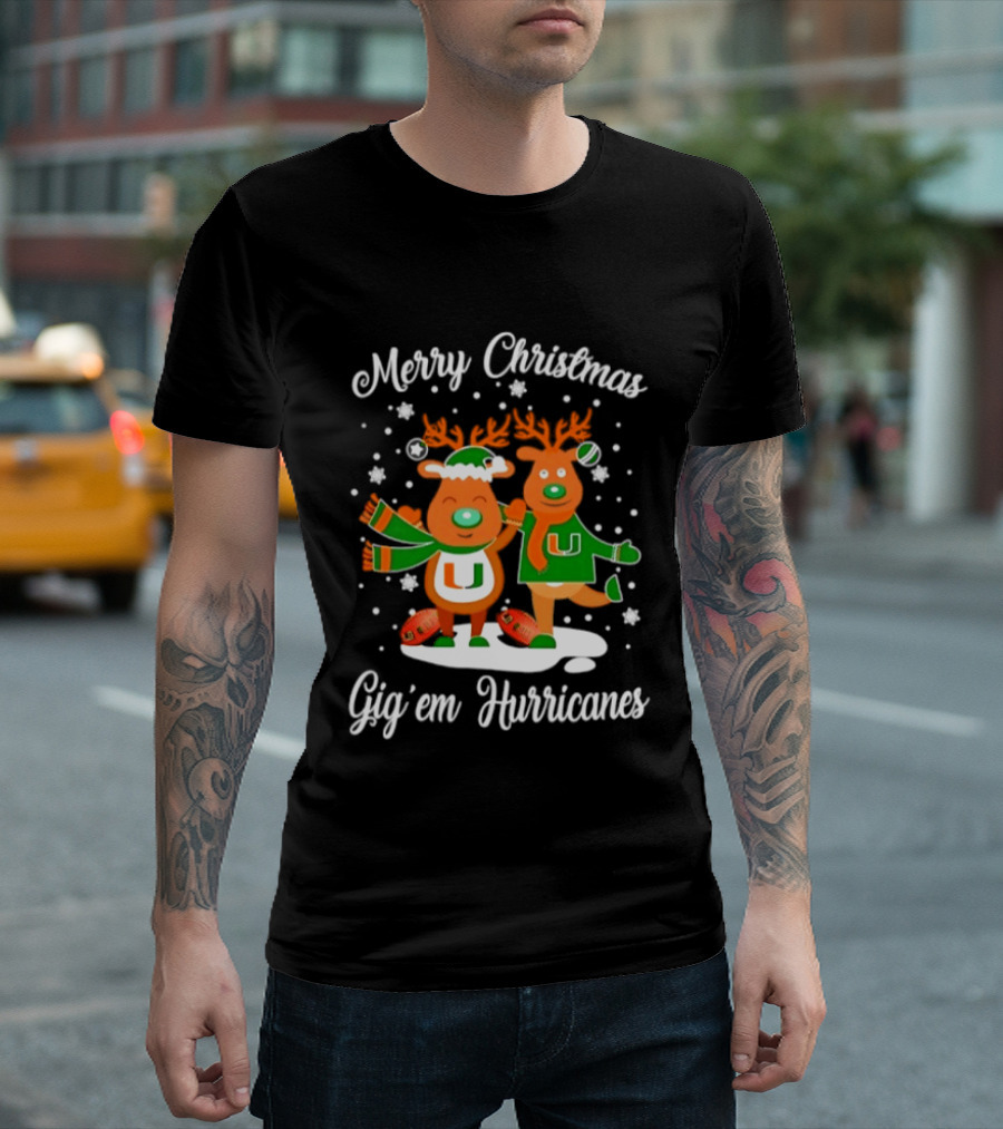 Merry Christmas Gig'em Hurricanes Miami NCAA Football 2026 Reindeer Sports Fan Holiday T-Shirt