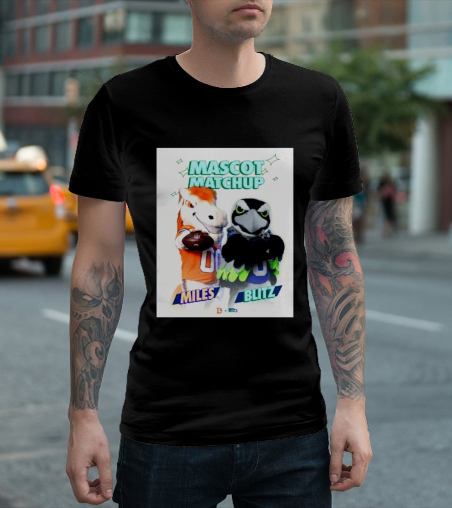 Mascot Matchup Miles Vs Blitz Denver Broncos Seattle Seahawks 2026 T-Shirt