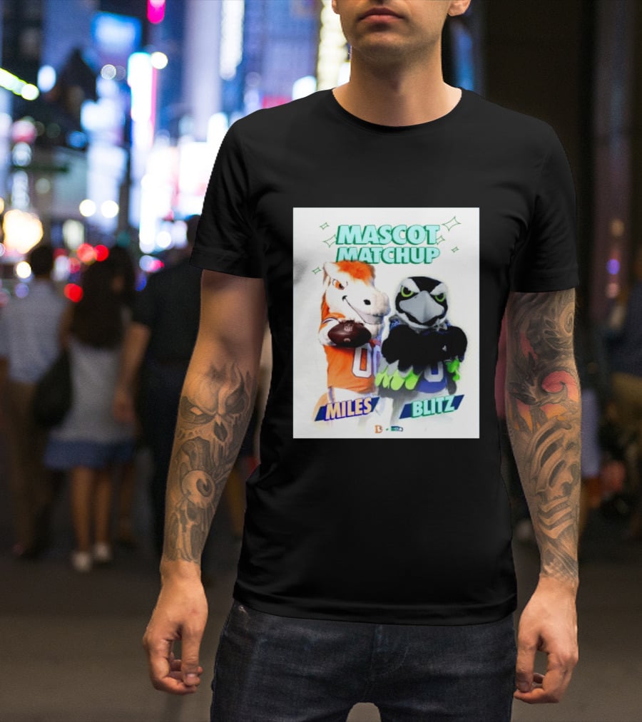 Mascot Matchup Miles Vs Blitz Denver Broncos Seattle Seahawks 2026 T-Shirt