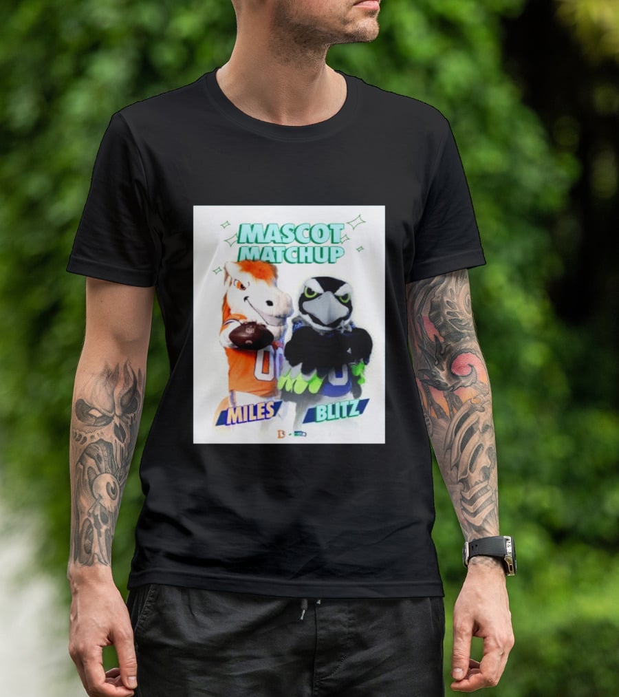 Mascot Matchup Miles Vs Blitz Denver Broncos Seattle Seahawks 2026 T-Shirt
