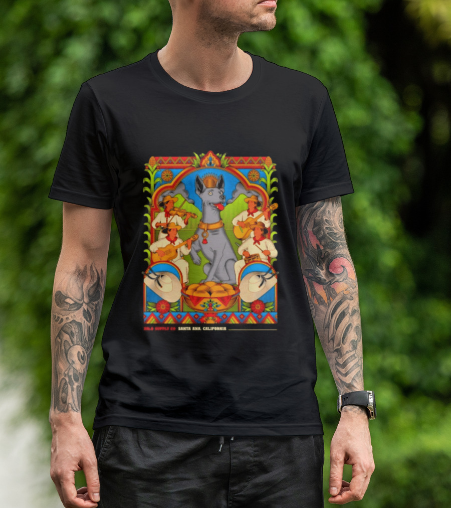 Xolo Supply Co Santa Ana California Xoloitzcuintli Vintage Mexican Art With Musicians And Dog T-Shirt