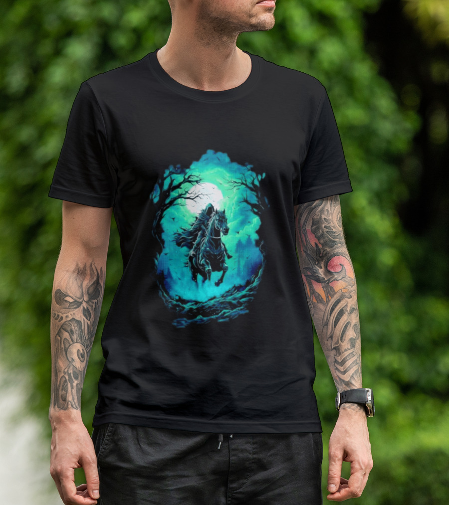 Shadow Rider Dark Fantasy Horse Moon Gothic Scene With Rider And Trees T-Shirt
