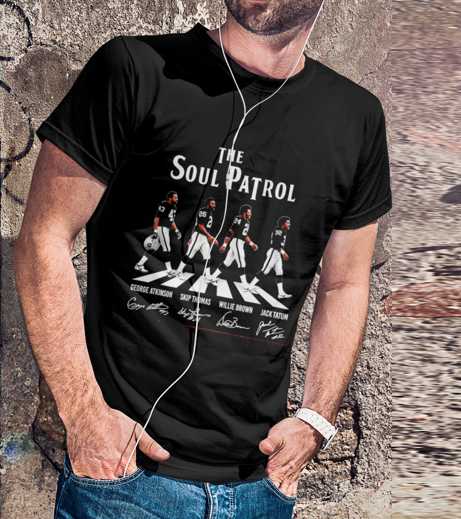 The Soul Patrol Abbey Road Signatures George Atkinson Skip Thomas Willie Brown Jack Tatum Oakland Raiders Football T-Shirt