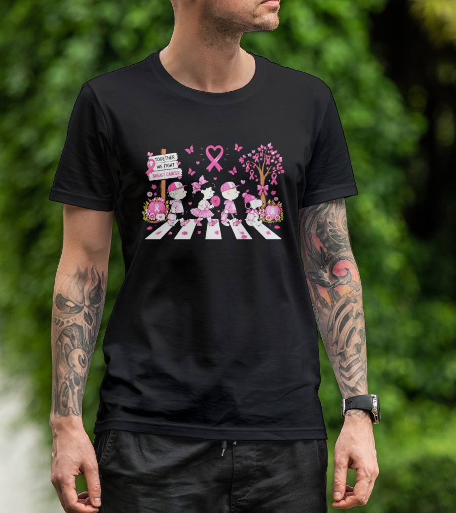 Together We Fight Breast Cancer Peanuts Characters Abbey Road Pink Ribbon Butterflies T-Shirt
