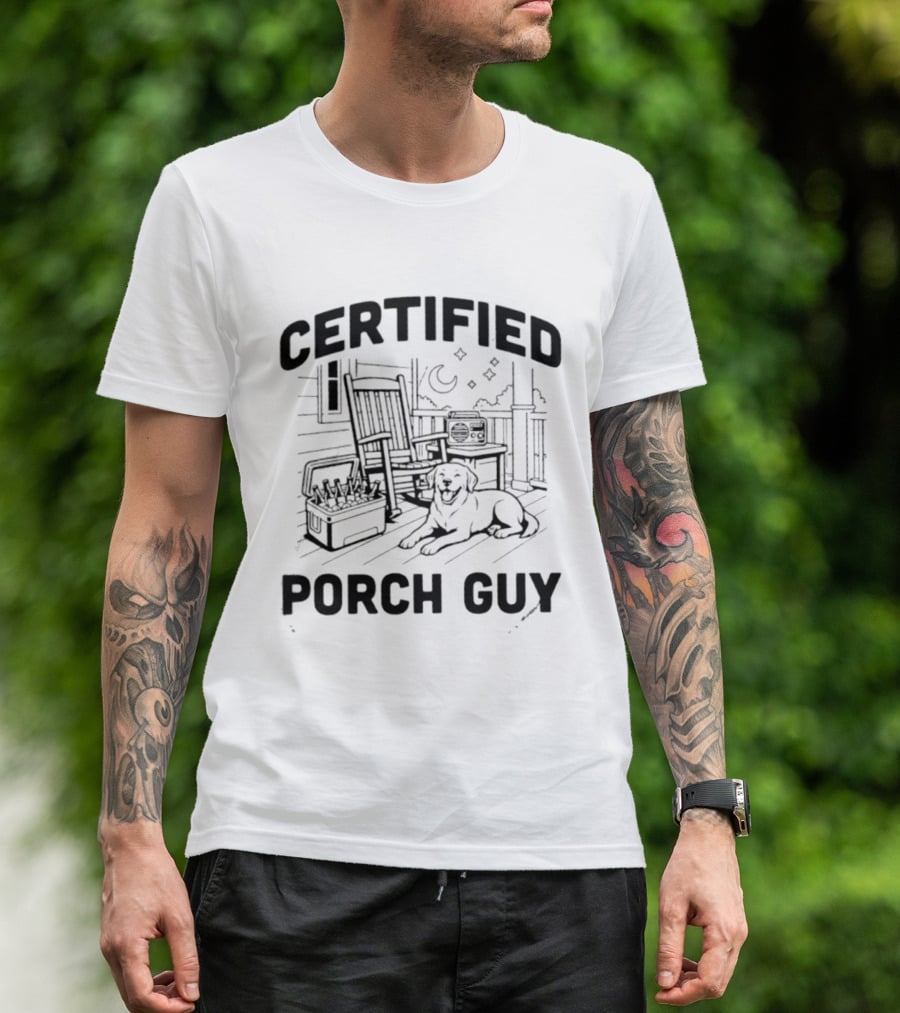 Certified Porch Guy Rocking Chair Dog Lover Night Scene T-Shirt