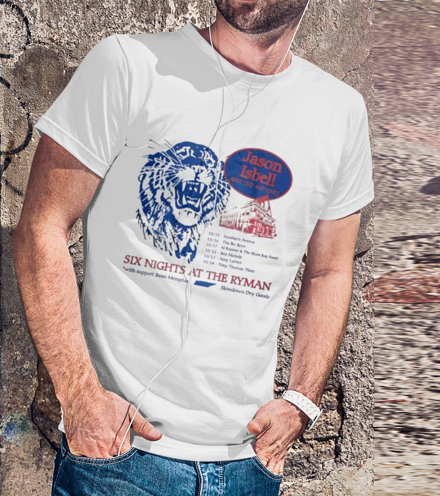 Jason Isbell And The 400 Unit Six Nights At The Ryman 2026 Tour Dates Lion And Ryman Auditorium Artwork Memphis Shakedown City Goods T-Shirt