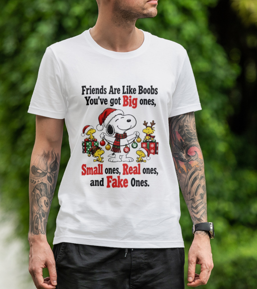 Friends Are Like Boobs You've Got Big Ones Small Ones Real Ones Fake Ones Snoopy Woodstock Christmas T-Shirt