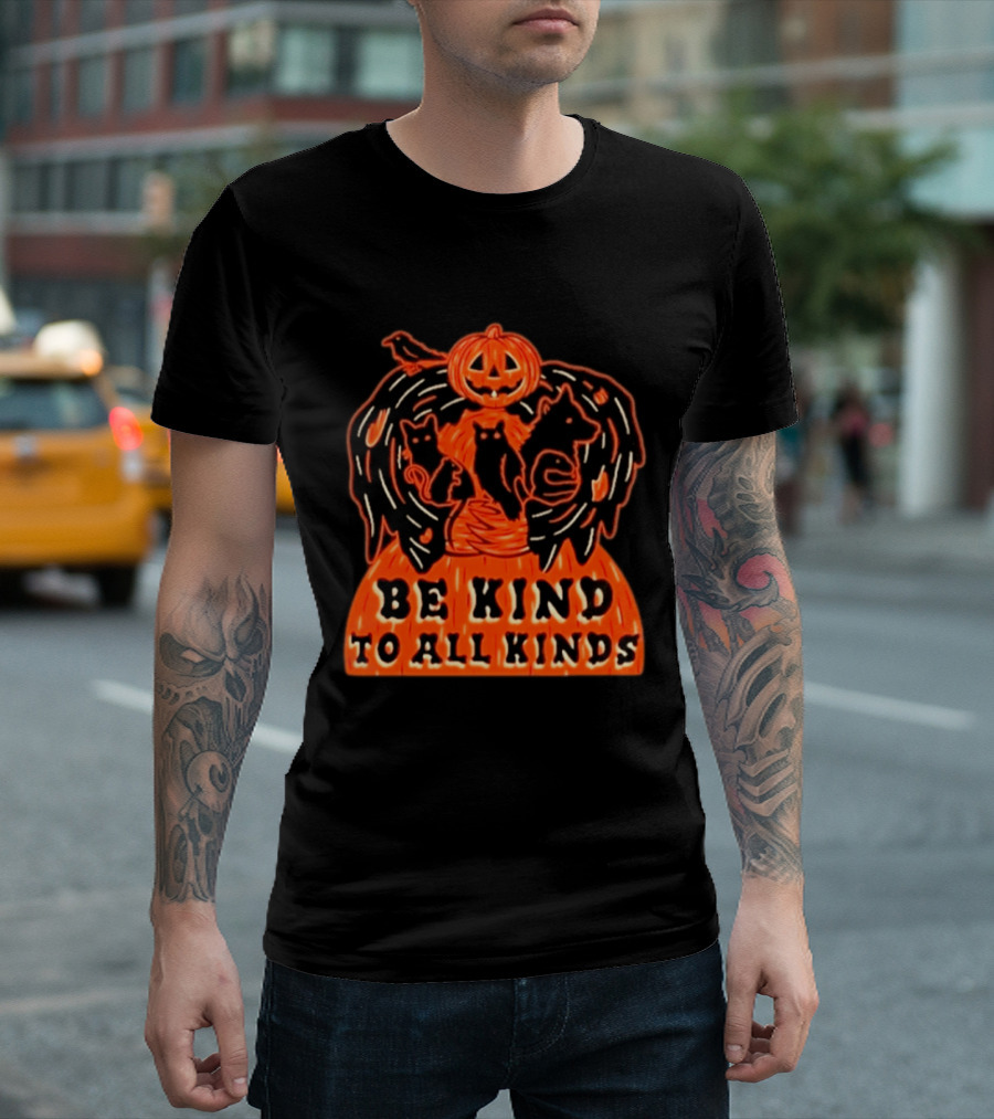 Be Kind To All Kinds Halloween 2026 Pumpkin Animals With Cats And Crow T-Shirt