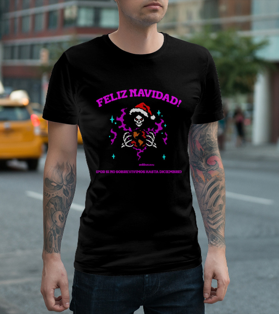 Feliz Navidad Grim Reaper Santa Holding Earth Ocio Es No Sobrevivimos Hasta Dice Enero T-Shirt