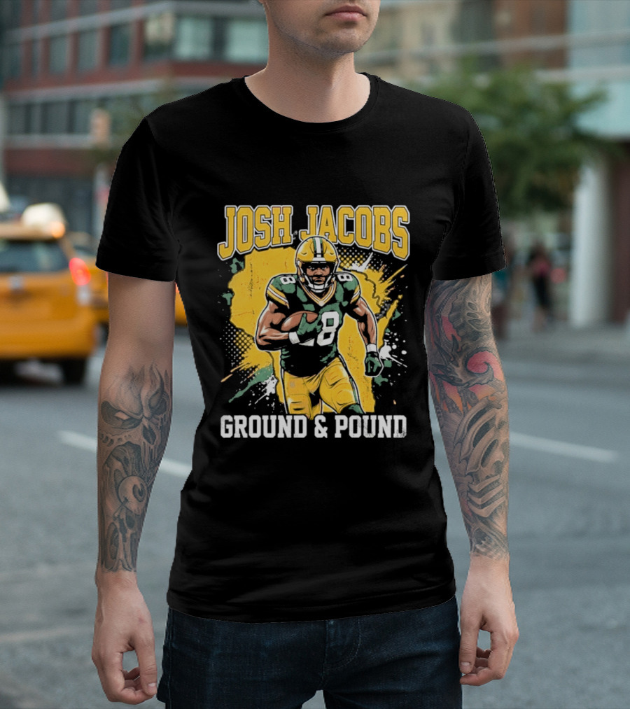 Josh Jacobs Ground & Pound Running Back Art Green And Gold Player T-Shirt
