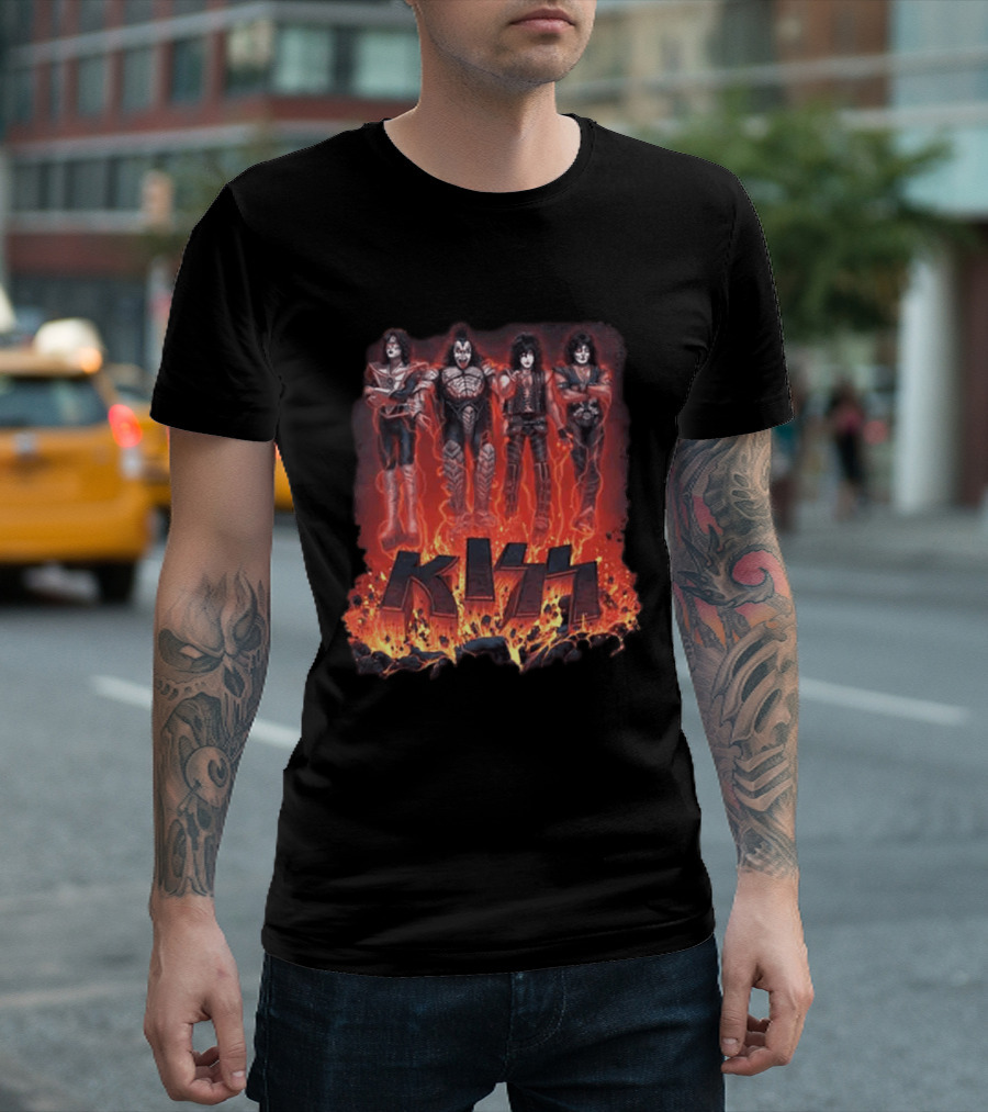 Kiss Halloween 2026 Conjuring Flames Band Members Standing Above Fire T-Shirt