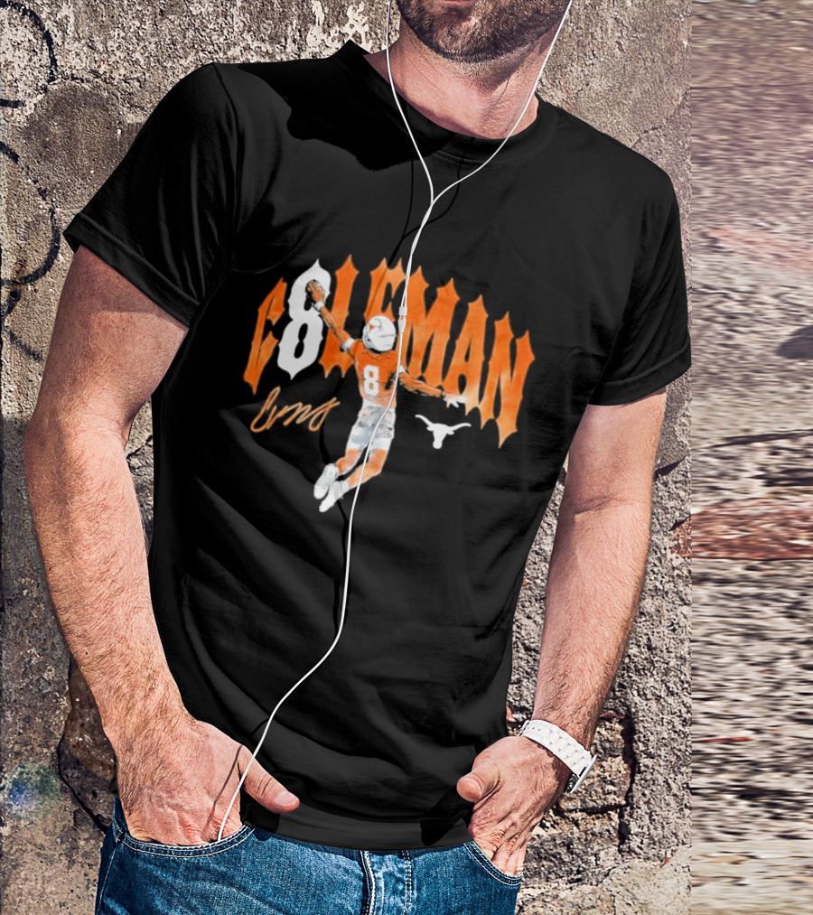 Texas Longhorns Coleman 8 Football Player Orange And White T-Shirt