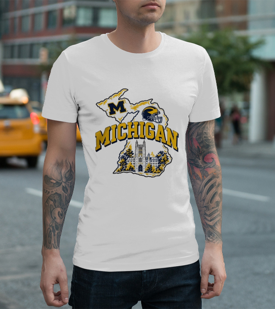 Michigan Wolverines NCAA Football Helmet Map And Building T-Shirt