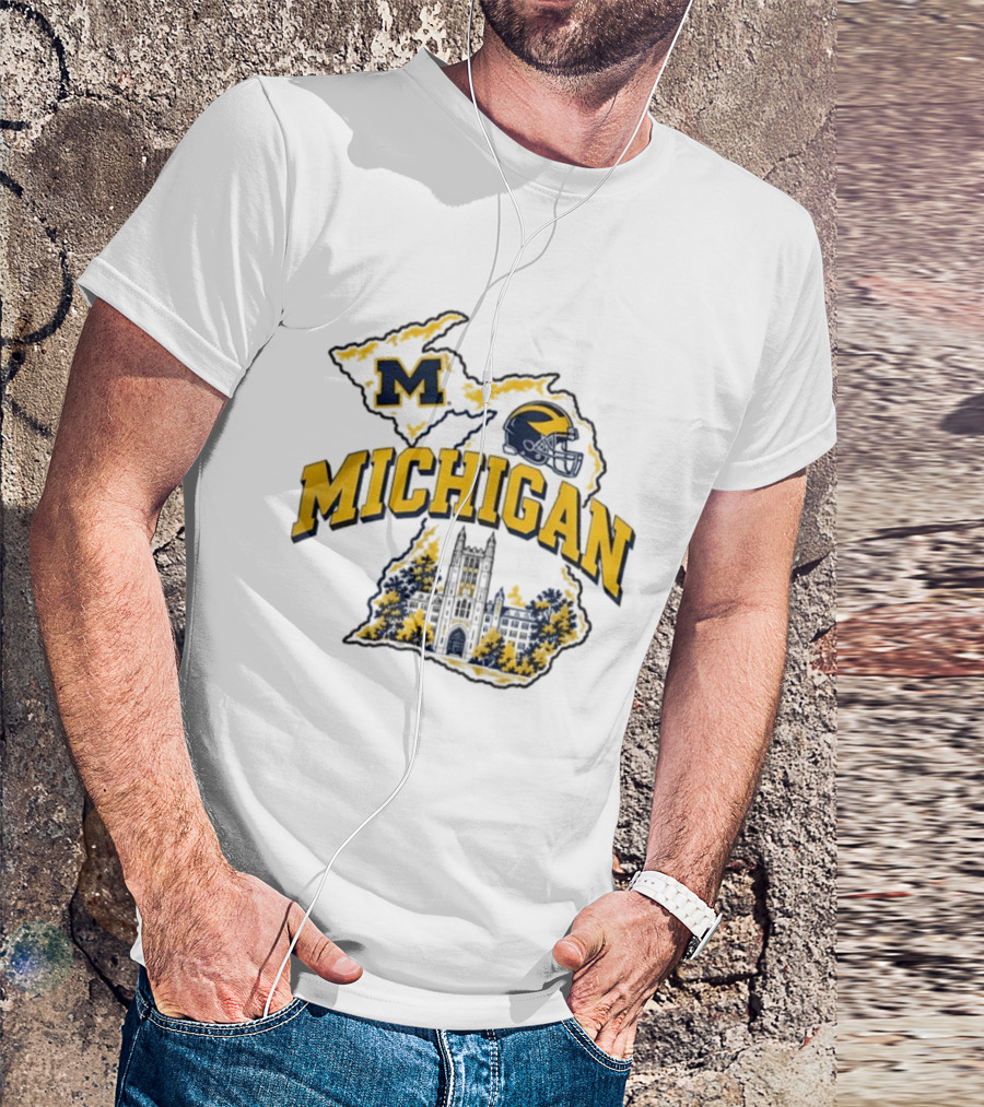 Michigan Wolverines NCAA Football Helmet Map And Building T-Shirt