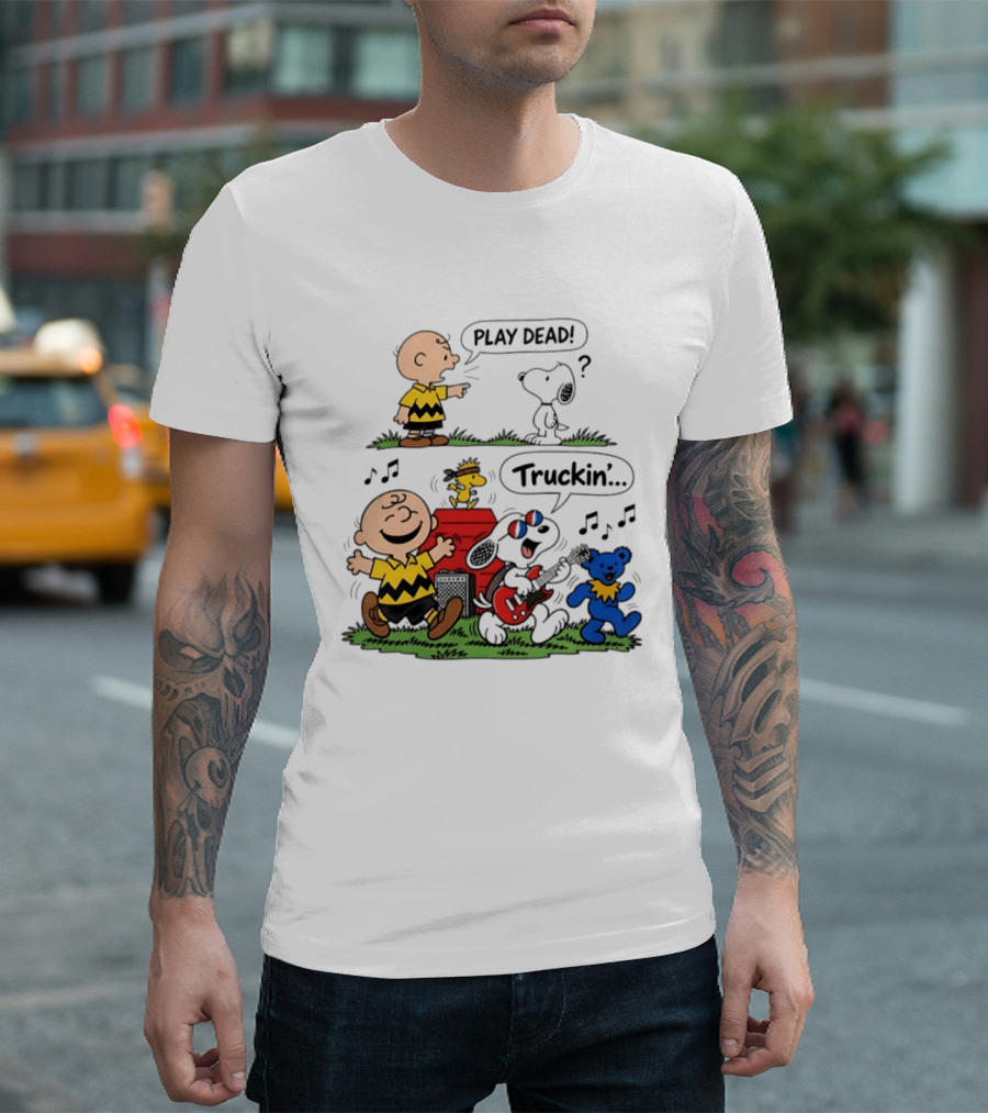Peanuts Characters Play Dead And Truckin' With Grateful Dead Dancing Bear T-Shirt