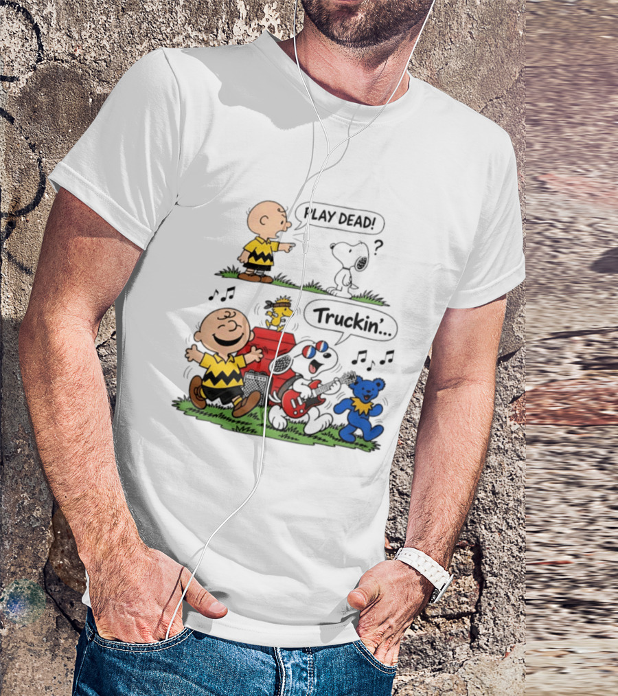 Peanuts Characters Play Dead And Truckin' With Grateful Dead Dancing Bear T-Shirt