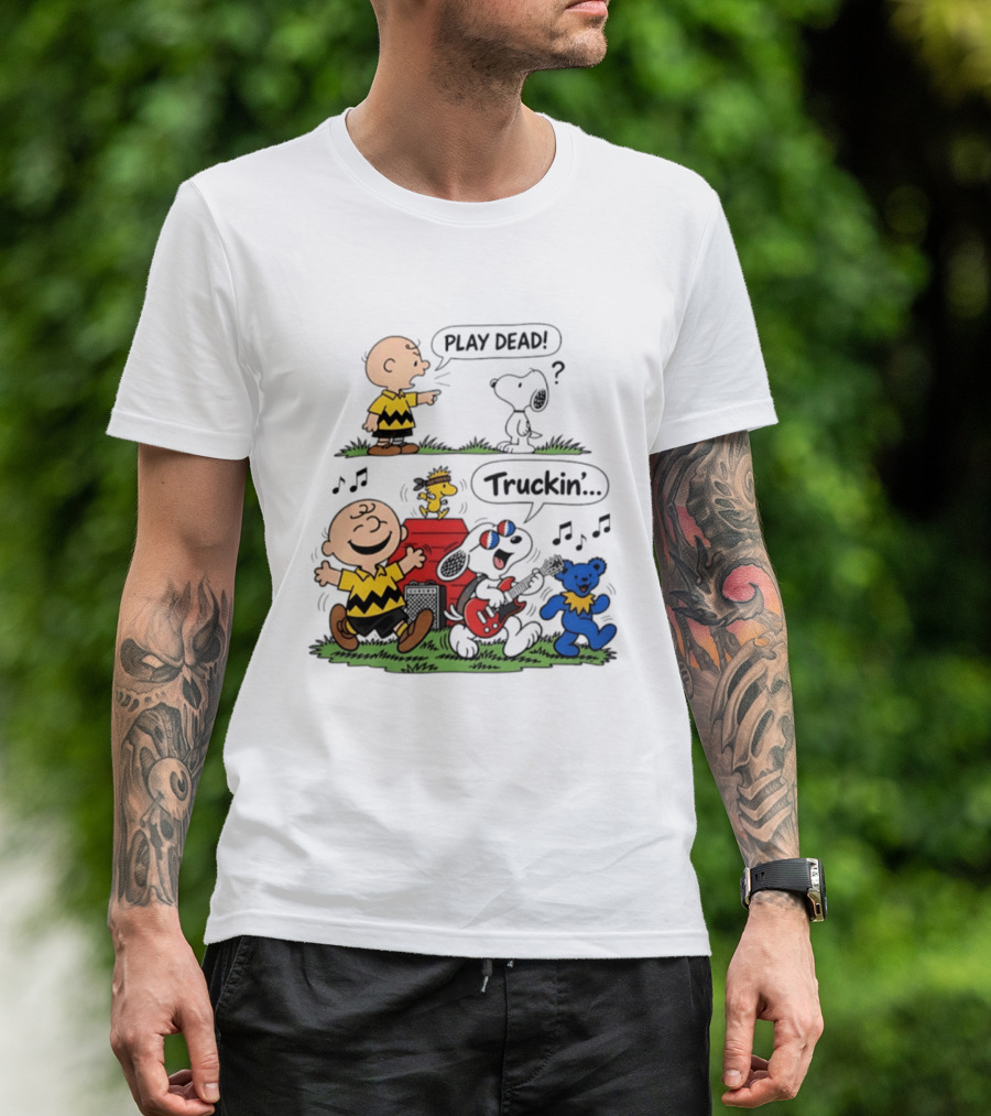 Peanuts Characters Play Dead And Truckin' With Grateful Dead Dancing Bear T-Shirt
