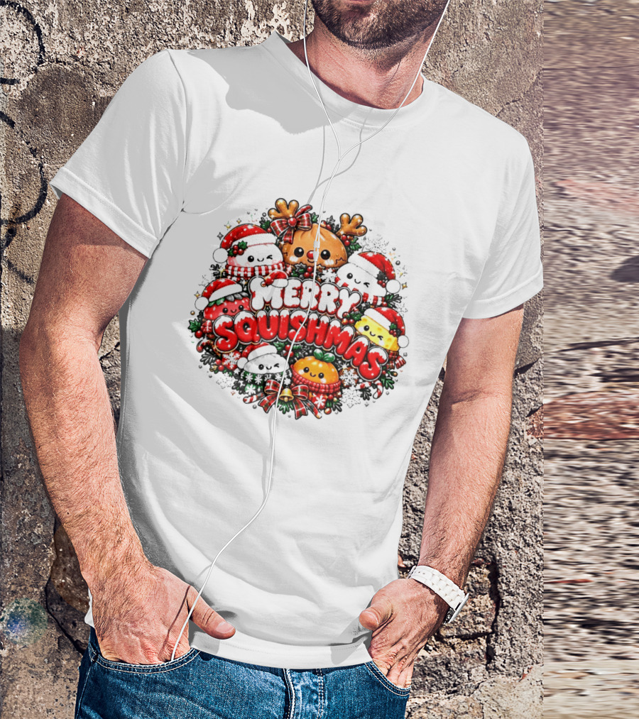 Merry Squishmas Cute Festive Characters Santa Hats Holiday Cheer Reindeer Red Green Berries T-Shirt