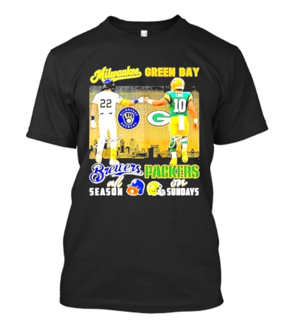 Milwaukee Brewers Green Bay Packers All Season Sundays Players Signatures T-Shirt