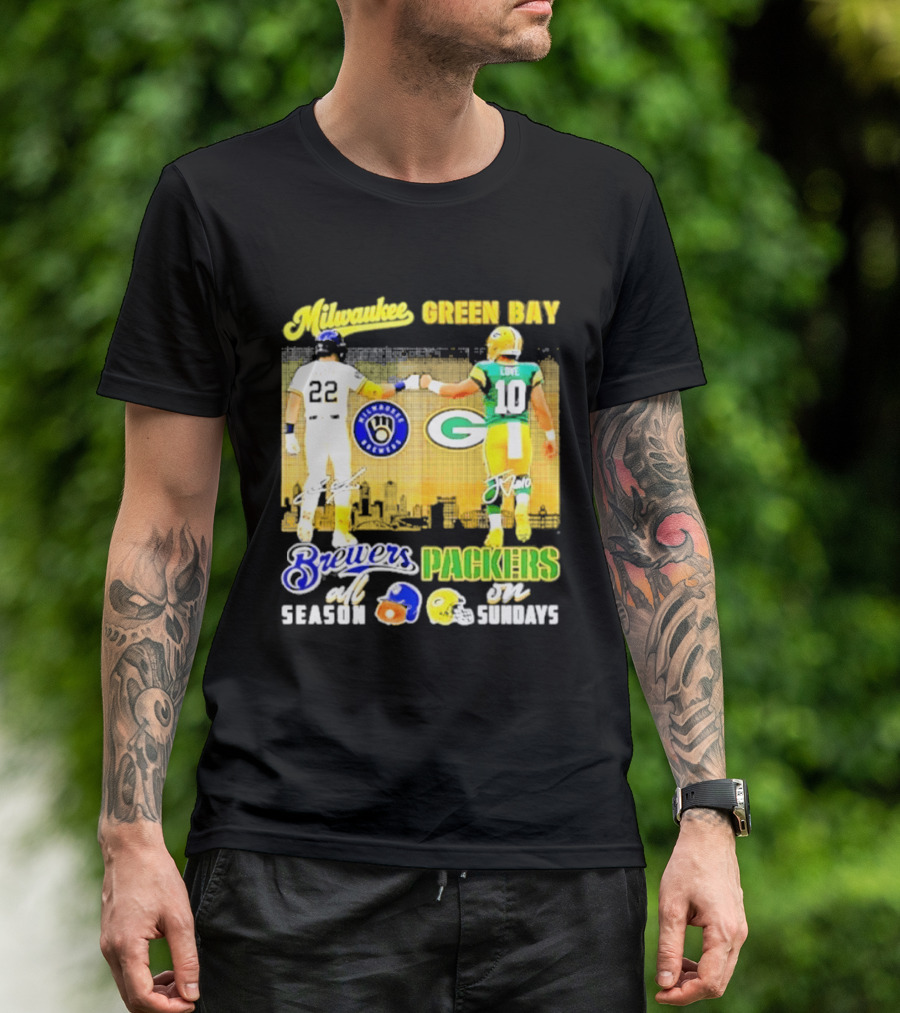 Milwaukee Brewers Green Bay Packers All Season Sundays Players Signatures T-Shirt