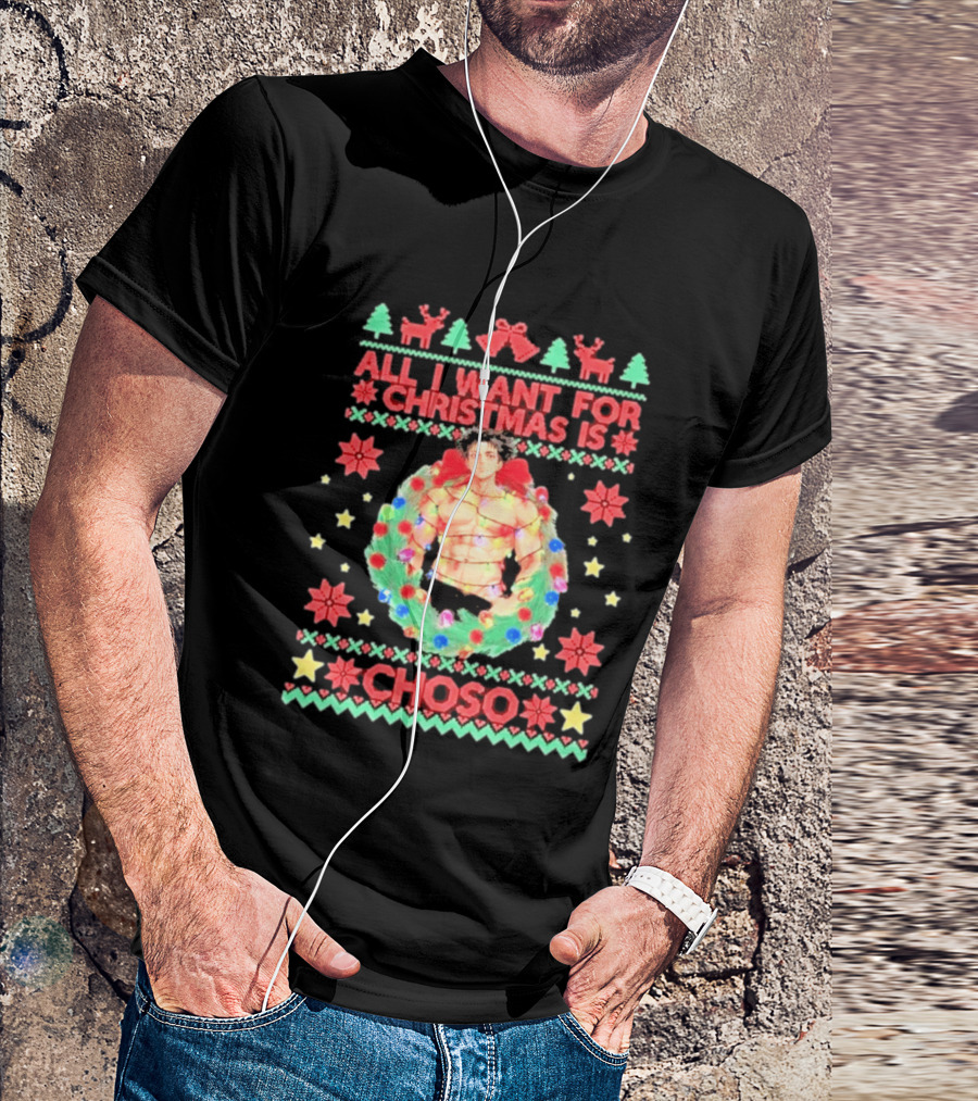 All I Want For Christmas Is Choso Anime Character Wreath Reindeer Festive T-Shirt