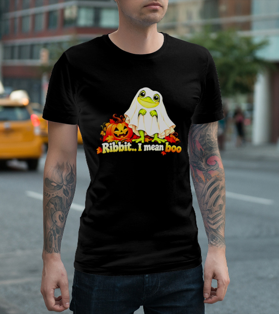 Ribbit I Mean Boo Halloween Frog In Ghost Costume With Pumpkin T-Shirt