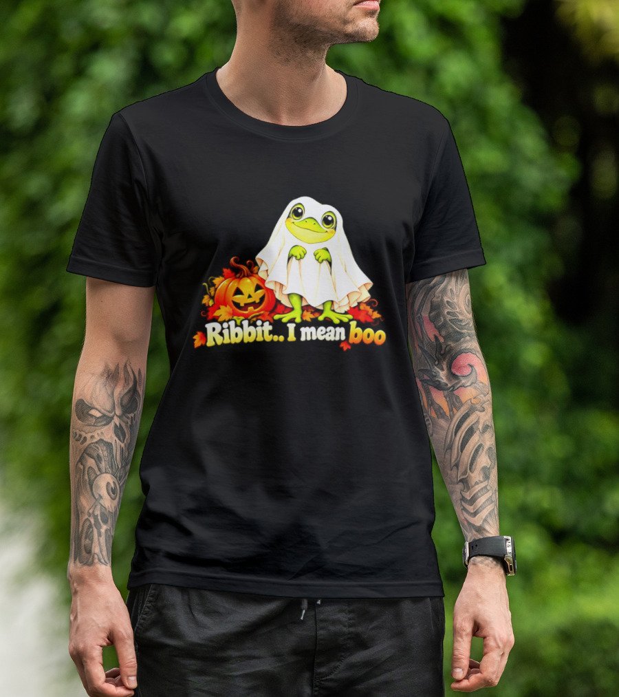 Ribbit I Mean Boo Halloween Frog In Ghost Costume With Pumpkin T-Shirt