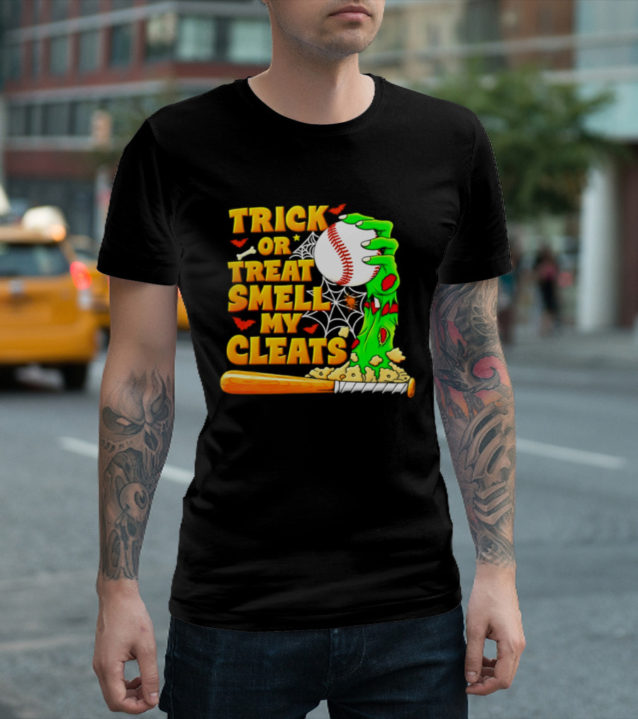 Trick Or Treat Smell My Cleats Zombie Hand Baseball Bat Halloween T-Shirt