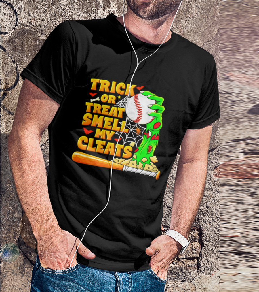 Trick Or Treat Smell My Cleats Zombie Hand Baseball Bat Halloween T-Shirt