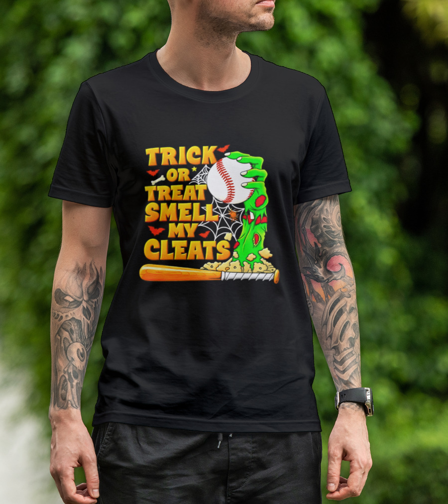 Trick Or Treat Smell My Cleats Zombie Hand Baseball Bat Halloween T-Shirt