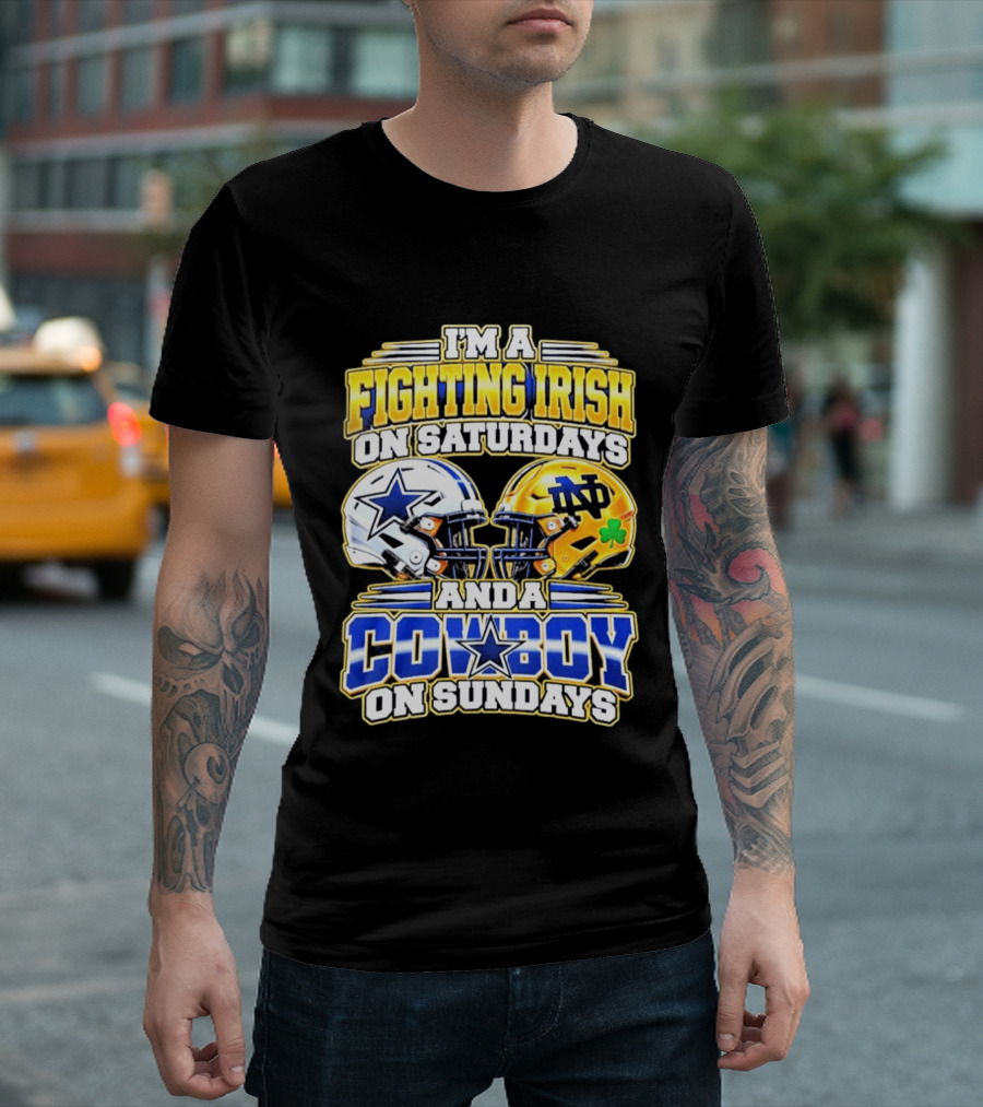I'm A Fighting Irish On Saturdays And A Cowboy On Sundays Football Helmet Star Clover T-Shirt