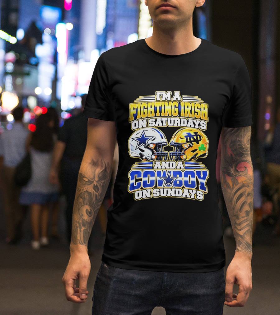 I'm A Fighting Irish On Saturdays And A Cowboy On Sundays Football Helmet Star Clover T-Shirt