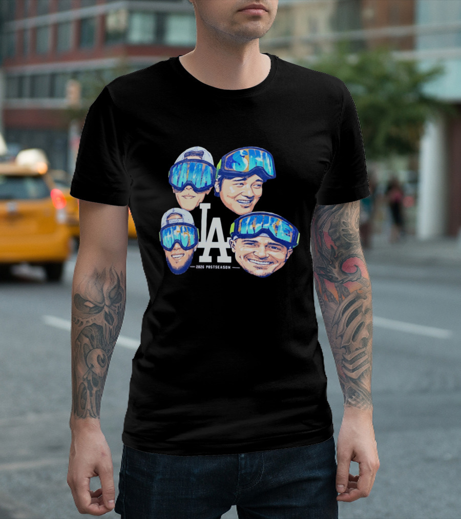 Los Angeles Dodgers 2026 Postseason Big Head LA Goggles MAMA SMILE MIKE T-Shirt