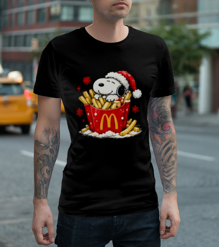 McDonalds Holiday Snoopy Christmas Fries Santa Hat Festive Fast Food Wishes T-Shirt
