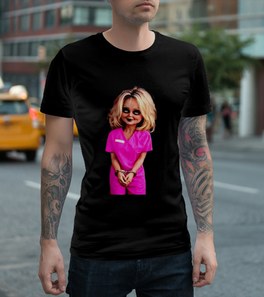 Tiffany Valentine Chucky Doll Pink Prison Uniform Halloween Costume T-Shirt