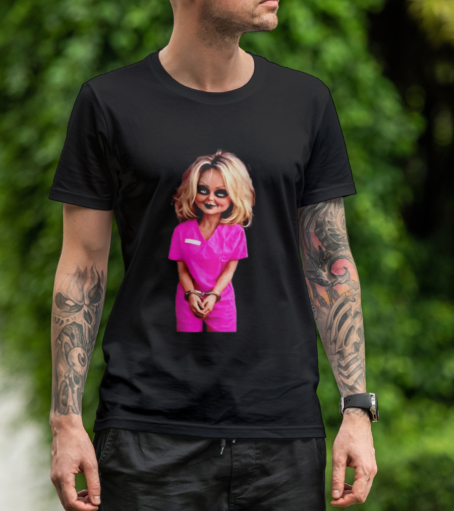 Tiffany Valentine Chucky Doll Pink Prison Uniform Halloween Costume T-Shirt