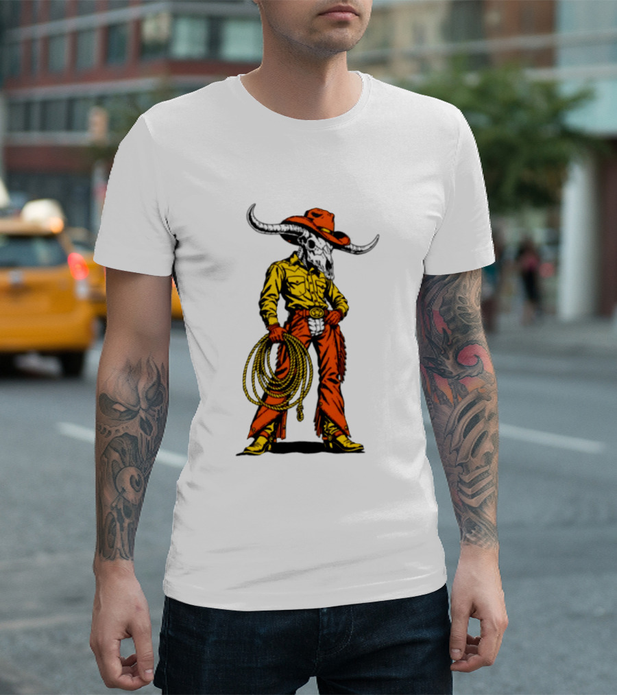 Cowboy Bull Skull With Roping Lasso Western Rodeo Skeleton T-Shirt