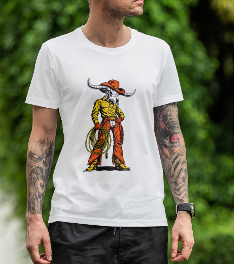 Cowboy Bull Skull With Roping Lasso Western Rodeo Skeleton T-Shirt