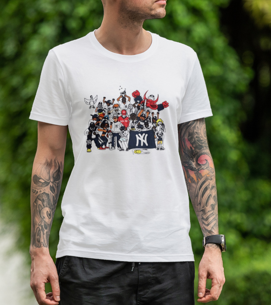 New York Yankees Fans Cartoon MLB Postseason 2026 Celebratory Group Scene T-Shirt
