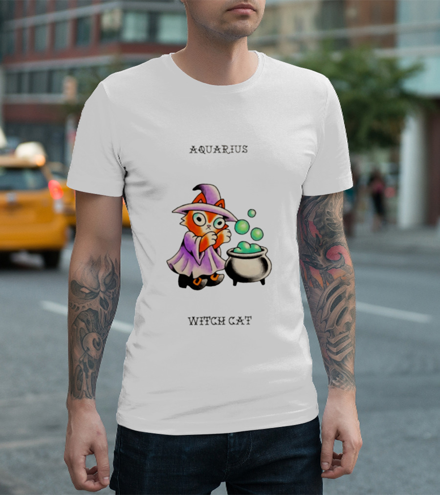 Aquarius Witch Cat Zodiac Astrology Magic Cauldron T-Shirt